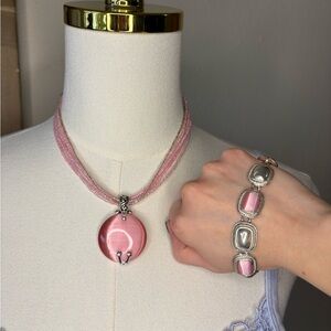 Vintage Premier Designs Pink Cat’s Eye Silver Tone Necklace & Bracelet Set